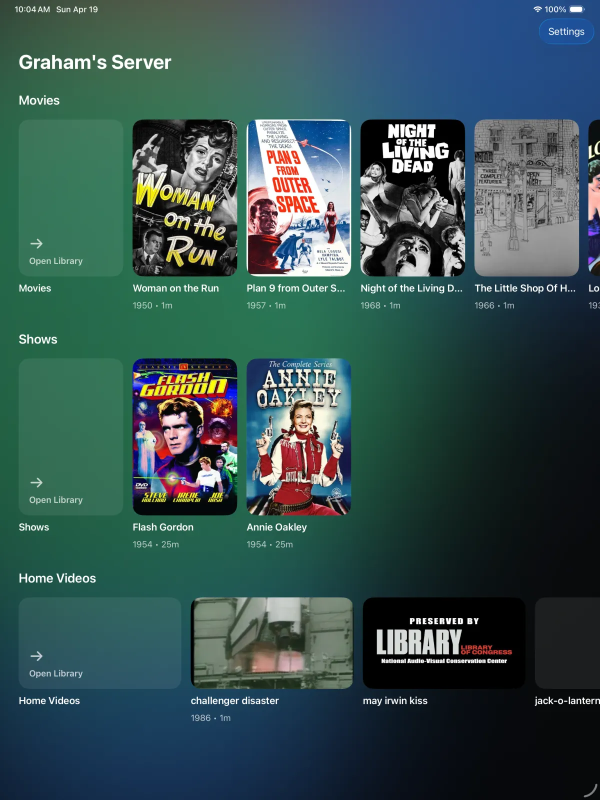 Freya Player on iPad, showing rows of movies, shows, and home videos.