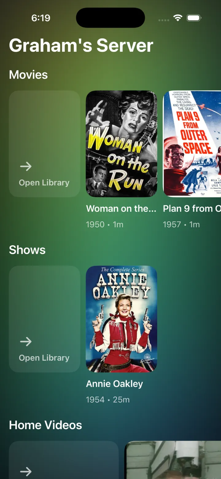 Freya Player on iPhone, showing rows of movies and shows.