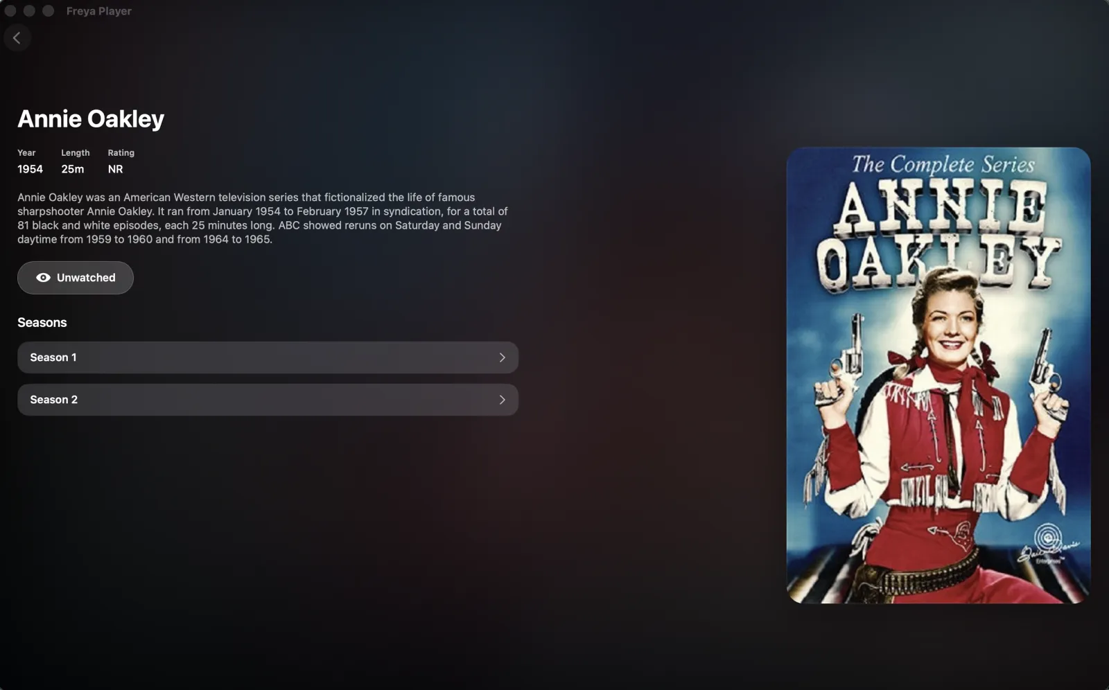A show page in a Freya Player window on Mac, listing its seasons beside the show's poster.