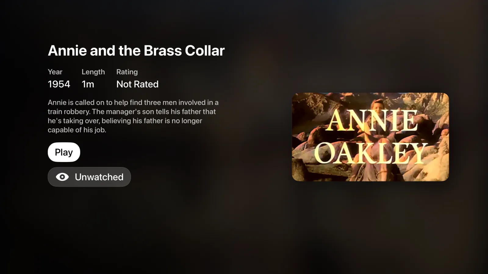 An episode page on Apple TV with its title, year, length, description, and Play button beside the episode's artwork.