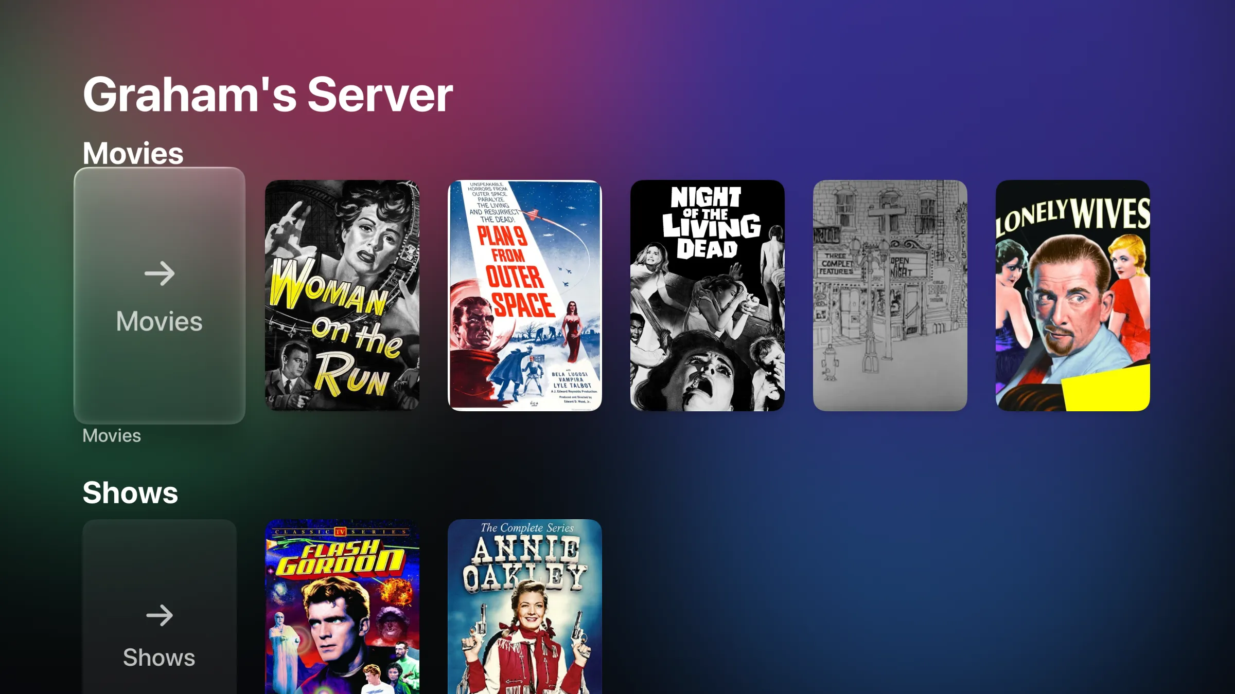 Freya Player on Apple TV. A server's home screen shows a row of movie posters, such as Plan 9 from Outer Space and Night of the Living Dead, above a row of shows.